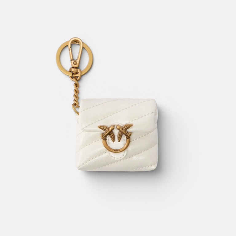 Pinko ženski kožni privezak za AirPods, ima prošivenu teksturu sa „puff“ efektom, zlatni Love Birds logo i lanac sa karabinjerom za lako kačenje. Magnetno kopčanje i mekana unutrašnjost pružaju sigurnu zaštitu.